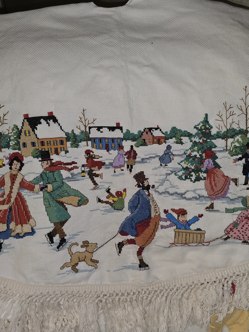 Holiday Winter Village Tree Skirt - White with Multicolor Scene